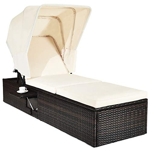COSTWAY Patio Rattan Lounge Chair Chaise Cushioned Top Canopy Adjustable W/Tea Table
