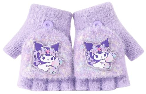 FEIFEI'S BOW Elsa Spider Mitaines d'hiver en tricot chaud doublé polaire thermique avec housse convertible pour enfants, garçons et filles, violet, Overall length:14cm (with cap on);Palm width: 8cm