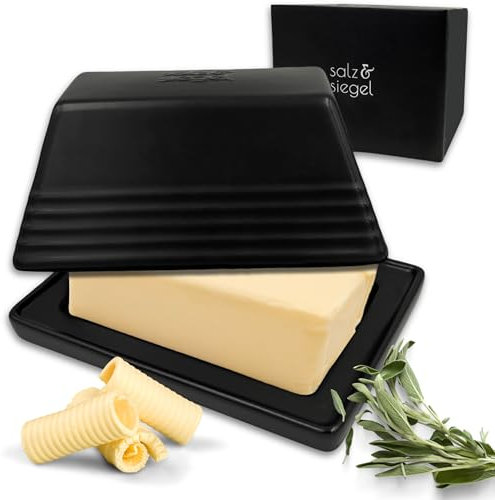 salz & siegel Beurrier en céramique pour 200 g de beurre ou 250 g (découpé) - Design haut de gamme - Passe au lave-vaisselle - Noir avec un style unique - Beurrier de qualité supérieure