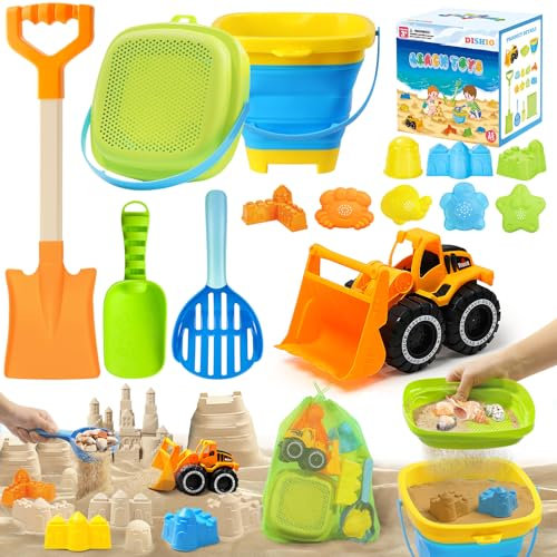 Collapsible Beach Sand Toys Set for Kids - Includes Bucket, Mesh Shovel, Filter Scooper & Castle Molds - Toddler Beach Toys for 1-3 & Kids Ages 4-8 with Mesh Bag, Summer Outdoor Beach Essentials