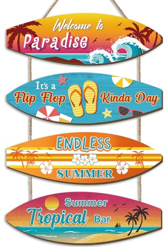 CHDITB Summer Beach Wall Decor,Surfboard Wall Hanging Sign,Summer Party Decorations,Tropical Beach Coconut Wall Art,Sea Sunrise Sunset Decorations,Welcome to Paradise Door Sign Plaque