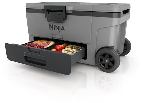 Ninja FrostVault Heavy-Duty Insulated Cool Box, Wheeled Premium Cooler with Dry Zone Integrated Fridge-Temp Dry Storage Drawer, Keeps Ice for Days, Fits up to 97 Cans, Slate Grey FB265UKGY