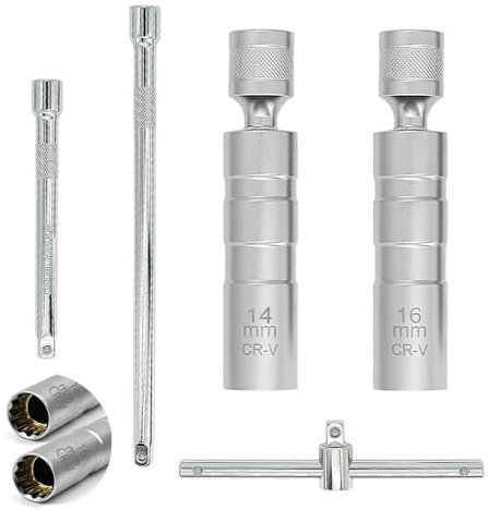 BIZOI Thin Wall Spark Plug Socket Set, 3/8 Inch 12-point Spark Plug Removal Tool(14mm & 16mm), 2 PCS T-Wrench Spark Plug Socket Set, Spark Plug Spanner for Motorcycle, Car Repairs