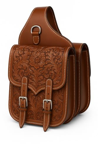 Cowhide Genuine Leather Western Equestrian Trail Tooling Carving Horse Saddle Bag Tooled Carved Horse Saddle Bags Size: 10” L x 10” W x 3 ½” D inches M2 (Article No.55, 10” L x 10” W x 3 ½” D inches)