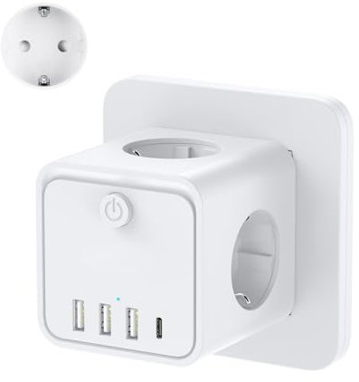 Cubo Enchufe USB 7 en 1, Ladron Enchufes Múltiple Tomas Regletas Enchufes Cubo con 3 AC 16A, 3 USB-A y 1 USB-C 3A, Cubo Enchufe Multiple con Interruptor, para Oficina, Cocina y Habitación (Blanco)