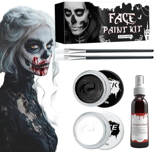 Peinture Visage Blanc Noir, Kit de Maquillage Halloween, Faux Sang en Spray, Maquillage Halloween Effets Spéciaux, Peinture Visage Halloween, pour Fêtes Costumées, Halloween, Jeux de Rôle DIY