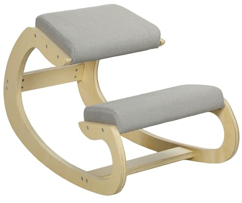 HOMCOM Silla Ergonómica con Movimiento de Rodillas y Balanceo, Silla Moderna en Tela Efecto Lino y Madera de Abedul, 55x85x55 cm, Gris Claro