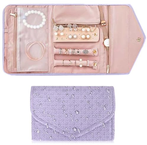 Organizador de Joyería Plegable Joyería Estuche Cuero Impermeable,Joyeros Enrollables Viaje,Rollo Organizador para Joyas de Viaje Bolsa Rollo de Joyas para Collares Pendientes Anillos Pulsera (Morado)