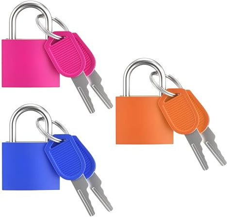 Suitcase Locks 3 Pack with Key, Suitcase Padlock Mini Metal Travel Luggage Lock with Keys for Backpack, Gym Lockers, Bags & Holiday Cases (Rose Red, Orange, Blue)