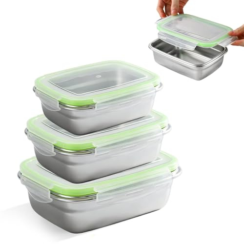PORFOYO Fiambrera de acero inoxidable, apilable, fiambrera de acero inoxidable, para niños, adultos, caja bento a prueba de fugas, de acero inoxidable, reutilizable, fiambrera con tapa para la escuela