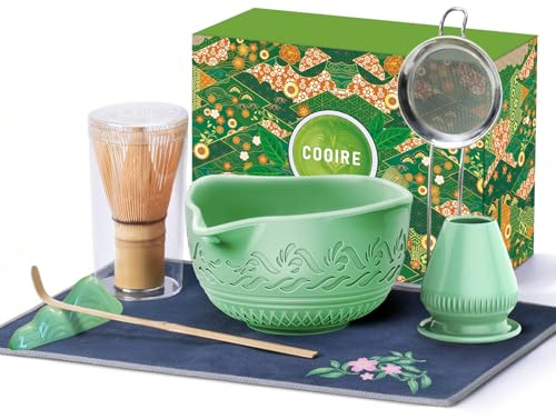 COOIRE 510mL Matcha Whisk Set: 8 Pcs Complete Ceramic Matcha Kit with Bamboo Chasen & Bowl - Frothy Tea Ceremony, Romantic Morning Ritual - Valentine's Gift for Beginners & Experts