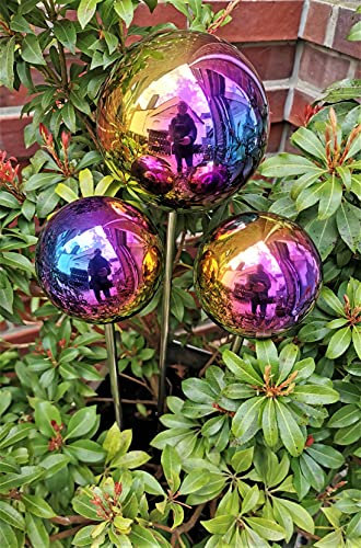 Jürgen Bocker Gartenambiente Rosenkugel 3er Set 15-15-10 cm Edelstahl Rainbow poliert mit Stab 80 cm
