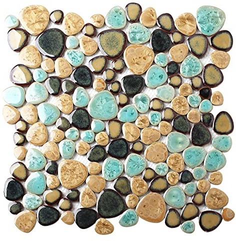 Blujellyfish Pebble Porcelain Tile Fambe Turquoise Green Beige Shower Floor Pool Alley Tiles Mosaic TSTGPT005 (5 Square Feet)