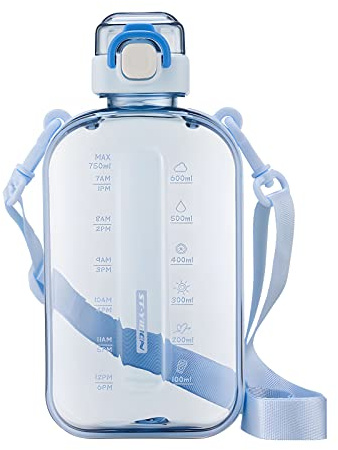 SEASEVEN Borraccia piatta da 750 ml, in plastica, per sport, con tacche orarie, a prova di perdite e senza BPA, per palestra, ciclismo, ufficio, attività all'aperto (blu piatto)