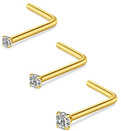 D.Bella L Shaped Nose Studs Surgical Steel Nose Ring 20G Nose Rings Studs for Women Men Nose Piercings 20 Gauge 1.5mm 2mm 2.5mm Diamond Nose Piercing jewelry Gold