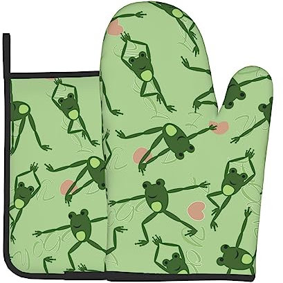 Ofenhandschuhe und Topflappen mit lustigem Frosch-Muster, 4 Stück