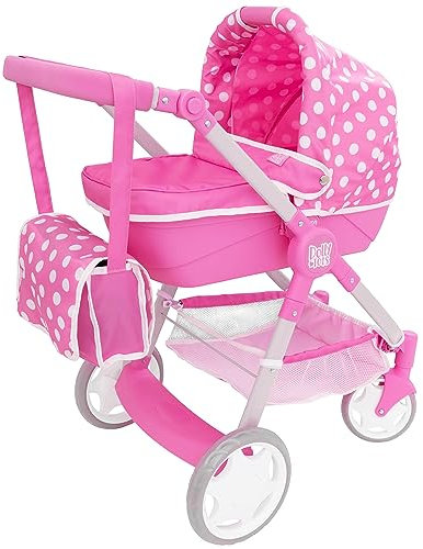 Dolly Tots Landau pour poupées Junior Roamer | Poussette rose à pois avec nacelle amovible, poignée réglable et panier de rangement | Comprend un sac à langer | Système de voyage pour jouets pour