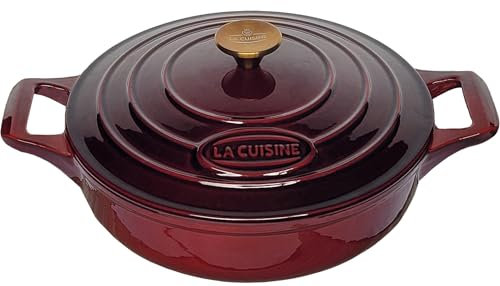 La Cuisine Enameled Cast Iron Shallow Casserole Dish Saute Pan Braising Pan 28cm Dia. 3.5 L, Internal Matte Black enamel coating, Cranberry, Gold-Plated Stainless Steel Lid Handle, Oven Safe