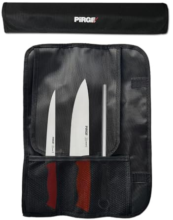 Pirge Duo Set Coltelli 4 Pezzi con Borsa - Manico Antiscivolo Bi-Materia - Set Chef Professionale - Acciaio Inox Pro Ultra-Affilato