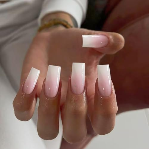 Faux Ongles Long MouyouGlow,Carré Nude Rose Gradient Blanc Press on Nails avec Colle à Ongles,Pink White Smudged Acryl Fake Nails