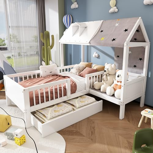 KUAKE Lit simple multifonction en bois en forme de maison avec tente, tiroirs inférieurs, sans matelas, 90 x 200 cm, blanc