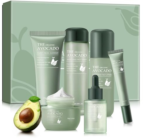 Juego de cuidado de la piel de aguacate, kits de regalo para el cuidado de la piel para hidratar la piel, kit facial antienvejecimiento para mujeres con limpiador facial, tónico, suero facial, loción