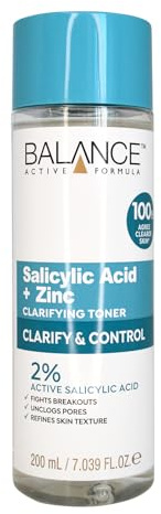 Balance Active Formula Salicylic Acid + Zinc Toner (200ml) - Exfoliates, Unclogs Pores, Prevents Blemishes & Blackheads, Minimises Pores for Clearer Complexion