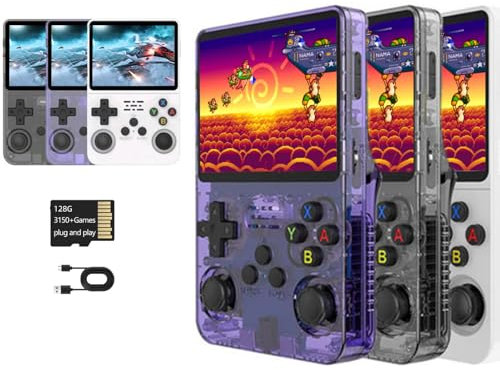 R36s Handheld, Retro Konsole, Retro Spielekonsole, Handheld RetrSpielekonsole, 3,5 Zoll IPS Bildschirm DDR3L 1 GB Retro Videospielkonsole für Linux System Transparent (Schwarz 128G)