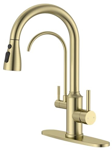 APPASO Kitchen Faucet with Water Filter (Without Water Filtration Device), 2 Handle 3 Way Gold Kitchen Sink Faucet, High Arch 3 Hole Kitchen Faucet with Pull Down Sprayer - 3 in 1 Faucet