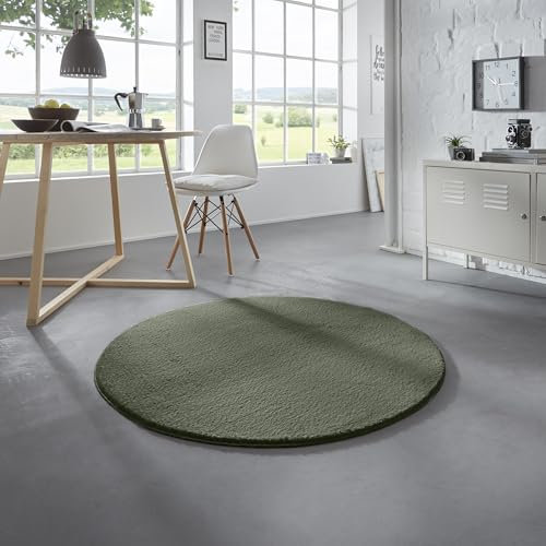 Taracarpet Waschbarer Flauschiger Uni Kurzflor Teppich, Anti-Rutsch, Felloptik, Super Soft dunkel grün 080 cm rund
