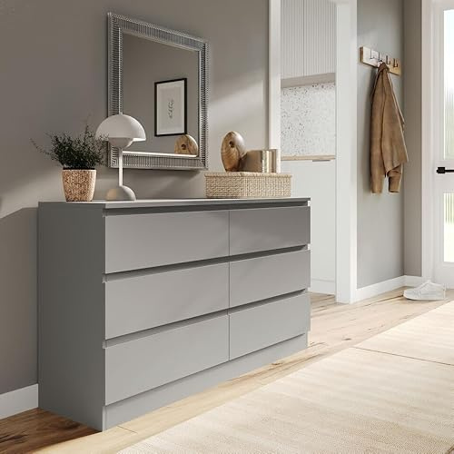 URBNLIVING Modern Grey Wooden Chest with 6 Drawers for Bedroom or Office Storage Versatile Bedside Table and Stylish Cabinet for Organizing Clothes Accessories Work Place Supplies and Personal Items