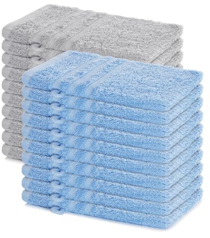 Lavea® Juego de 20 Guantes de Baño 15x21 cm de Rizo 100% Algodón - Suaves y Absorbentes – Manopla de Baño con Gancho para Casa, Hotel y SPA - Azul Delfín y Plata