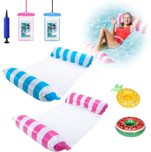 2 stück 4 in 1 Pool schwimmbett mit becherhaltern, wasserdichter Tasche und luftpumpe -Pool zubehör Pool Spielzeug,schwimmtiere füur den Pool, hängematte und luftmatratze für Wasser und Strand