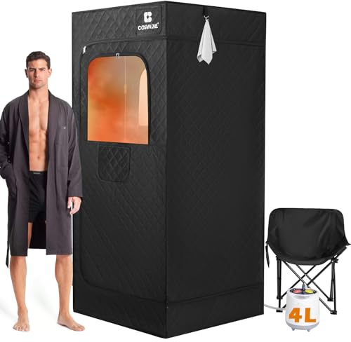 COSVALVE Boîte de sauna à vapeur portable avec lumière rouge pour la maison avec cuiseur vapeur 1600 W 4 L, chaise pliante confortable, tente de sauna d'intérieur à la maison, hammam personnel pour la