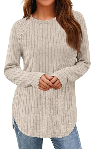 Sukiglam Maglione Donna Maniche Lunghe Girocollo Maglioni a Coste Elegante Pullover Morbido e Elastico Top Tunica Casual Maglione Lungo per Leggings Autunno Invernali Felpa Tinta Unita