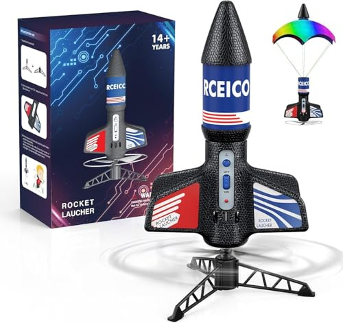 PDBEST Rocket Launcher for Kids, 200ft Flying Outdoor Rocket Toy with LED | 2-Altitude Launch, LED Night Flight, Automatic Parachute Return, 3-Second Safety Delay, 30Min Fast Charging for Ages 6-14
