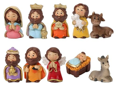Générique 10 Pièces Figurine Nativité Crèche de Noël,Ensembles Figurine de la Nativité en Résine,Statue Personnages pour Creche Noel