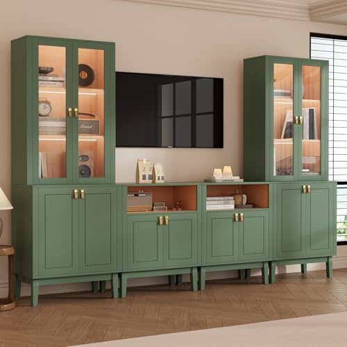 VOWNER Muebles de TV 240cm, Armario para TV con Puertas de Vidrio y Estantes, Mueble Salón con Luz LED Integrada para TV hasta 50 Pulgadas, Gabinete de Almacenamiento Moderno (Verde, 4PCS)