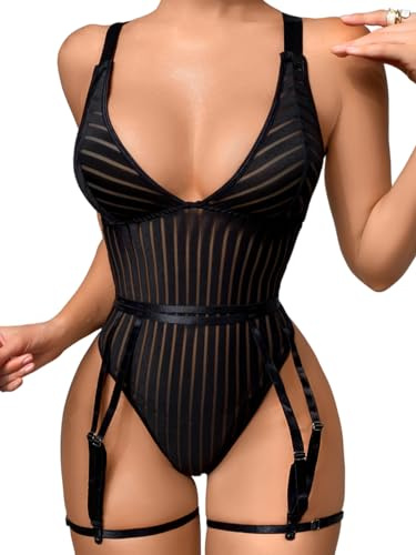 Kaei&Shi Sexy Bodysuit For Women, Plunge Backless Shapewear Ribbed Mesh Teddy Lingerie, Strappy Snap Crotch Thong One Piece Body Suit Vegas Cosplay Outfits Boudoir Going Out Petite Black Small