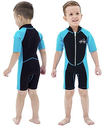 NATYFLY Kids Shorty Neoprenanzug 2.5mm Kinder Neopren Thermal Badeanzug UV-Schutz Badeanzüge für Mädchen Jungen One Piece WetSuits (Blau, 6 Jahre)