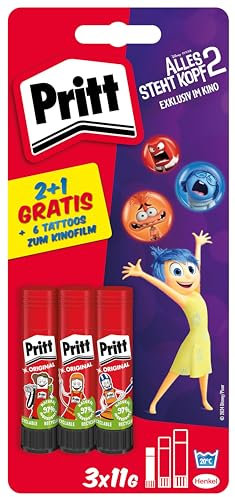 Pritt Klebestift Alles steht Kopf 2, Set mit 3 x 11g Klebestiften und Tattoos, sicherer und kinderfreundlicher Kleber für Kunst und Bastelarbeiten, starker Klebstoff für die Schule, 9H PGS5B