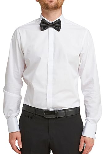Double TWO - Men’s White Tailored Fit Dress Shirt - Plain Front Formal Shirt with Double Cuff, Long Sleeve, Machine Wash Cotton Blend