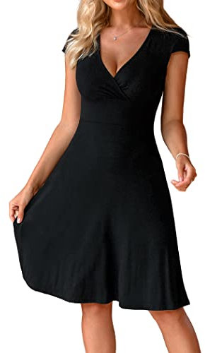Zeagoo Women's Short Sleeve Dress Summer V-Neck Plain Dress Casual High Waisted Beach Dresses Short Wrap Dresses Black M