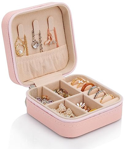 WAREHOUSE Joyero Mujer de viaje pequeño para, Portátil Jewelry Organizer, Anillos, Joyero Pequeño, Pulseras y Collares, Pendientes,Joyeros Mujer Organizador de Cuero Impermeable (rosa)