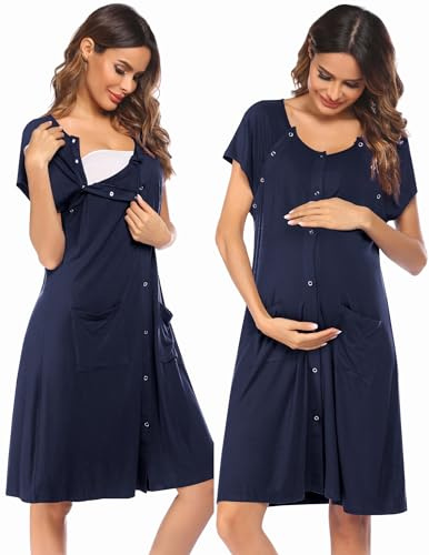 Ekouaer Vestido de lactancia 3 en 1 para el parto o el hospital, camisón de maternidad, ropa de dormir para lactancia, con botones, tallas S-XXL
