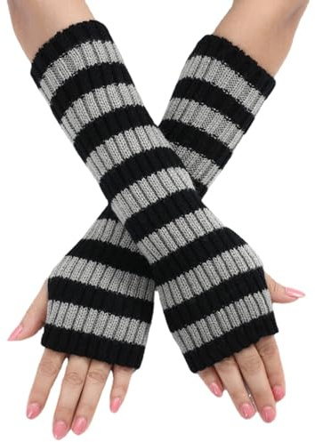 Y2k Striped Arm Warmers Long Fingerless Knitted Gloves Punk Gothic Old Emo Scene Cool Winter Arm Sleeves Grunge Accessories, gray, One size