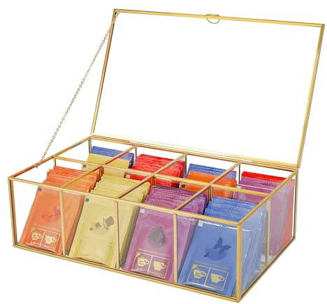 REDHUGO Glass Tea Bag Organizer with 8 Compartments, Handmade Large Tea Bag Storage Box for Counter Kitchen, Tea Bag Holder,Tea Storage Containers with Lid,Tea Accessories Gifts for Tea Drinkers,Gold