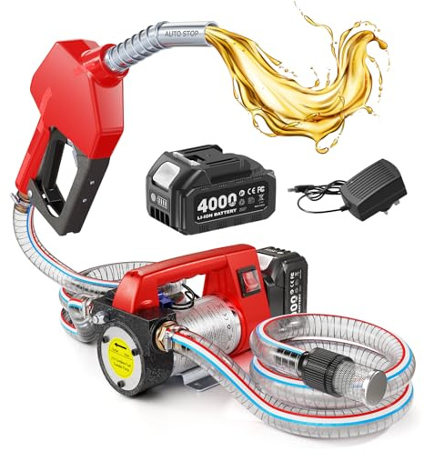 TaskStar Fuel Transfer Pump Battery Powered, 12GPM Electric Pump Kit with 21V 4.0Ah Battery & Charger, Portable Cordless Pump with Auto-off Nozzle & 2x 6.6FT Hoses for Diesel Kerosene Transfer