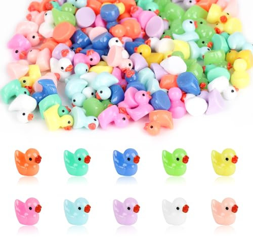 Elektheim 100 Stück Mini Enten, Bunte Harz-Figuren, Miniatur-Enten Deko, DIY Aquarium, Puppenhaus, Topfdekoration (10 Farben)