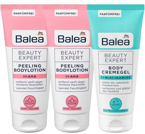 Balea 3er-Set Beauty Expert Hautpflege: PEELING BODYLOTION 5% AHA entfernt sanft abgestorbene Hautzellen (2 x 200 ml) + BODYLOTION BODY CREMEGEL 5% Niacinamide für feineres Hautbild (200 ml), 600 ml